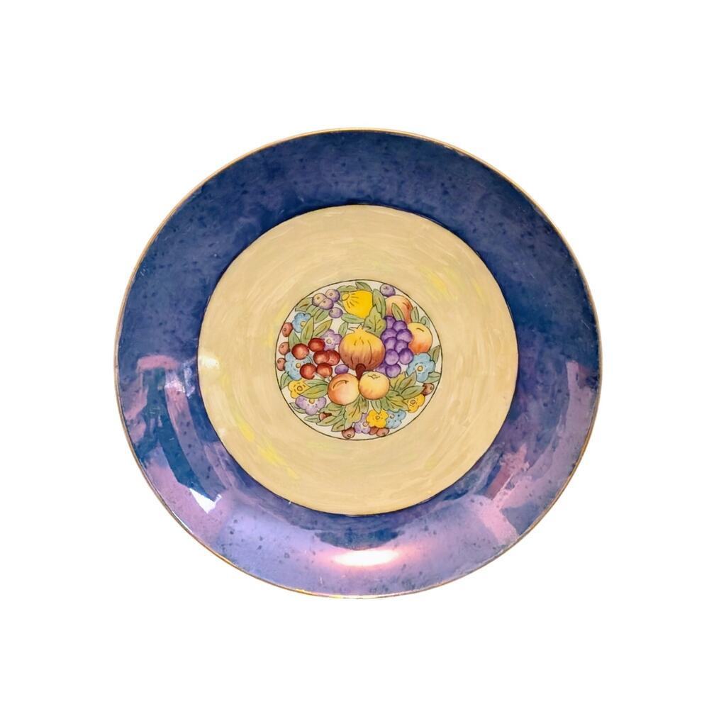 Vintage Blue Lustre Rim Painted Fruit 8" Plate Signed JV Cook